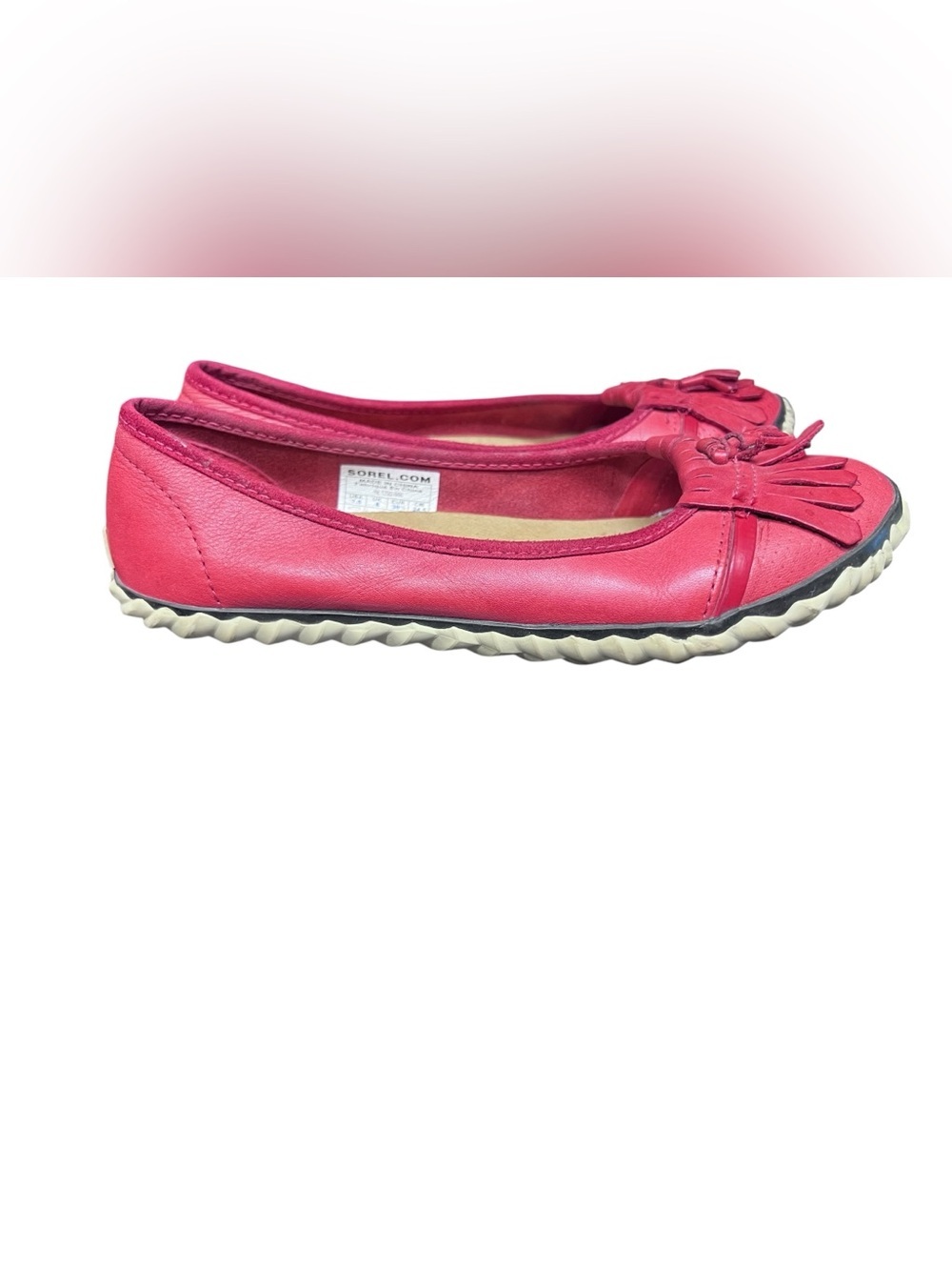 SOREL Tee Off Leather Tassel Slip-On Flats Women SZ 7.5 Red Preppy Dainty Ballet